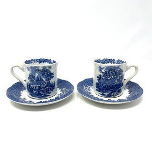 J&G Meakin Blue White Anne Hathway's Cottage Blue & White Cup & Saucer Set 2